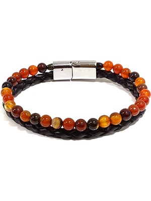 Herşey Nota Siyah Deri Örme Kahverengi Doğal Taşlı Erkek Bileklik – Mıknatıslı Metal Tokalı Şık Tasarım