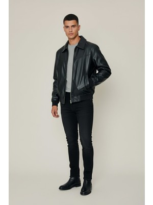 FullaModa Polo Yaka Bomber Suni Deri Ceket