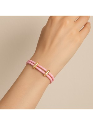 Herşey Nota Pembe Çift Ip Altın Renk Halkalı Kadın Bileklik – Ayarlanabilir Şık Tasarım