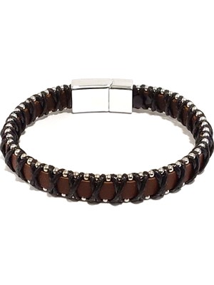 Herşey Nota Kahverengi Deri Üzerine Siyah Ip Dolamalı Erkek Bileklik | Mıknatıslı Metal Tokalı