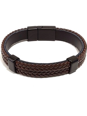 Herşey Nota Balıksırtı Örgülü Kahverengi Deri Erkek Bileklik | Hakiki Deri – Mıknatıslı Metal Tokalı Şık Tasarım