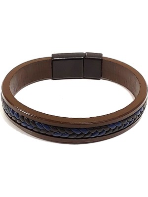 Herşey Nota Kahverengi Deri Lacivert Burma Örgülü Erkek Bileklik – Mıknatıslı Metal Tokalı Şık Tasarım