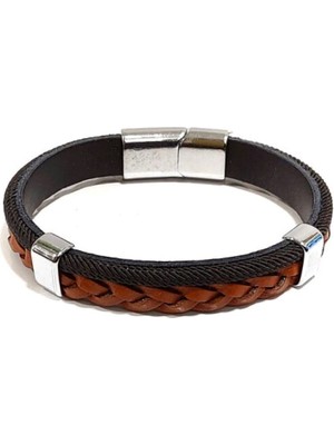 Herşey Nota Kahverengi & Siyah Şık Tasarım Erkek Hakiki Deri Örgü Detaylı Mıknatıslı Metal Tokalı Bileklik