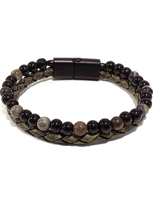 Herşey Nota Gri Doğaltaşlı Hakiki Deri Erkek Bileklik | Mıknatıslı Metal Tokalı Modern ve Zarif Tasarım