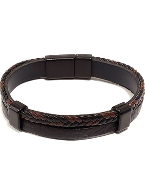 Herşey Nota Kahverengi ve Siyah Çift Sıralı Örgü Hakiki Deri Erkek Bileklik | Mıknatıslı Metal Tokalı Tasarım