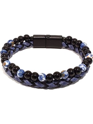 Herşey Nota Mavi Doğaltaşlı Hakiki Deri Erkek Bileklik | Mıknatıslı Metal Tokalı Modern ve Zarif Tasarım