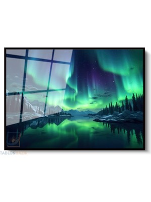 Tablonhazır Çerçeveli Yatay Cam Tablo Salon Duvar Tablosu Yatay Cam Kuzey Isikleri Ofis Tablosu