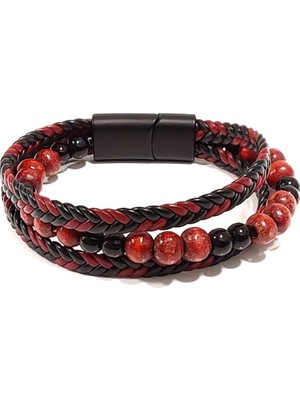 Herşey Nota Kırmızı Siyah Deri Balıksırtı Örme ve Boncuklu Erkek Bileklik – Mıknatıslı Metal Kombin Tasarım