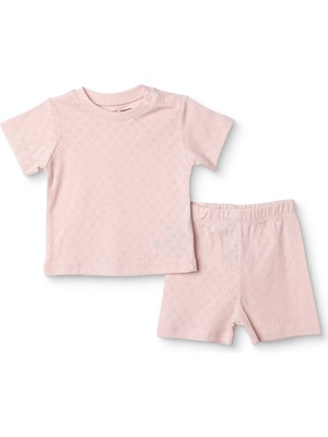 Hellobaby Kız Bebek Kısa Kol Pijama Takımı Jakar Örme Bisiklet Yaka Kısa Kol Reçme Paça