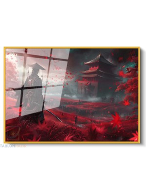 Tablonhazır Çerçeveli Yatay Cam Tablo Salon Duvar Tablosu Yatay Cam Samuray Tapinak Kirmizi Ofis Tablosu