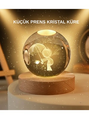 Zero Land Drnds USB LED 3D Küçük Prens Kristal Küre Ahşap Standlı Gece Lambası