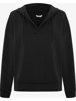 Penti Siyah Kapüşonlu V Yaka Oversize Sweatshirt