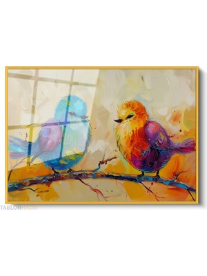 Tablonhazır Çerçeveli Yatay Cam Tablo Salon Duvar Tablosu Yatay Cam Turuncu Mavi Kuslar Ofis Tablosu