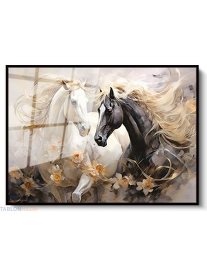 Tablonhazır Çerçeveli Yatay Cam Tablo Salon Duvar Tablosu Yatay Cam Cift At Siyahbeyaz Ofis Tablosu