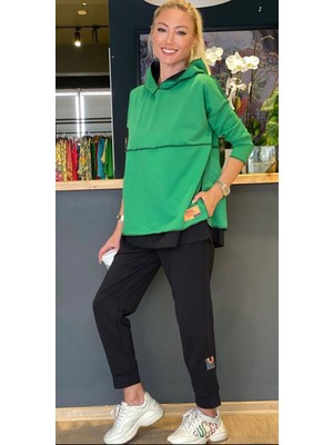 Balmior Kadın Yeşil Kapşonlu Etek Ucu Detay Arma Ters Dikiş Gorunumlu Ikili Takım
