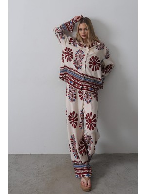 Balmior Desenli Kolları Volanlı Pantolon Takım - Kırmızı