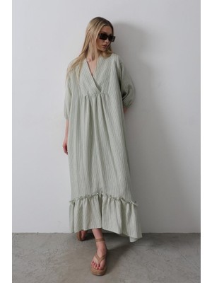 Balmior Çizgili Oversize V Yaka Elbise - Haki