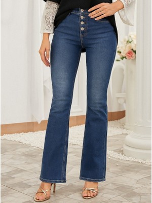 Balmior Kadın Yüksek Bel Önden Düğmeli Cep Detay Ispanyol Paça Denim Pantolon