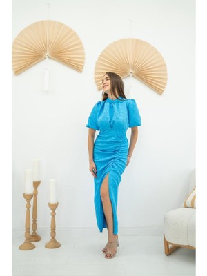 Balmior Mavi Jakarlı ve Desenli Elbise