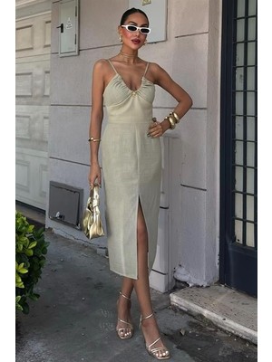 Balmior Göğsü Aksesuarlı Önü Yırtmaçlı Elbise 2899