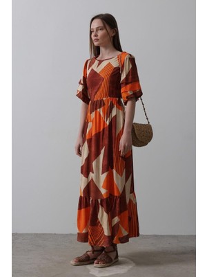 Balmior Desenli Balon Kol Kloş Elbise - Kahve