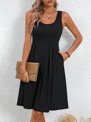 Balmior Kadın Askılı Yuvarlak Yaka Önden Pileli Viskon Elbise