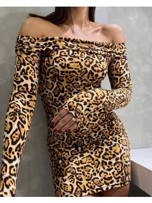 Balmior Kadın Madonna Mendil Yaka Leopar Desen Mini Elbise