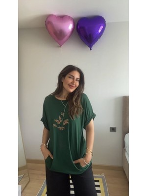 Balmior Kadın Kısa Kollu Bisiklet Yaka Cepli Kelebek Baskılı Viskon Elbise