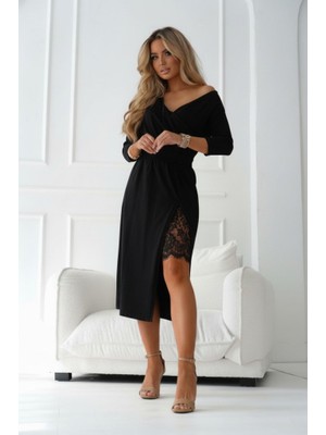 Balmior Kadın Uzun Kollu Kruvaze Yakalı Yandan Dantelli Midi Ithal Krep Elbise