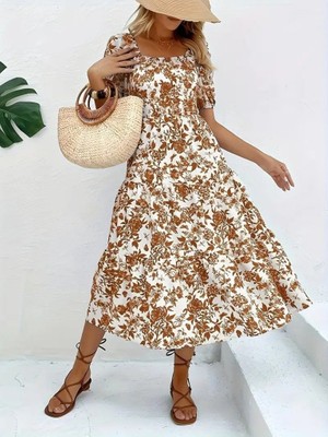 Balmior Kadın Kısa Kollu Kare Yakalı Lastikli Desenli Süprem Elbise