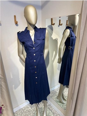 Elbise Uzun Keten Önden Düğmeli ve Kemerli