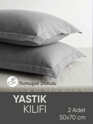 Piyes Home Gri Oxford, Yumuşak Dokulu, Flaplı, 2 Adet Set Yastık Kılıfı