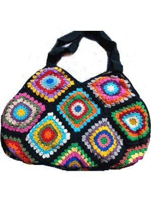 El@Ma El Örgüsü Etnik Otantik Motifli Battal Boy Siyah Kadın Çanta