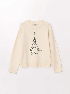 LC Waikiki Lcw Kids Bej Bisiklet Yaka Kız Çocuk Triko Kazak