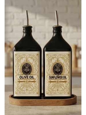 Frolde Home Ahşap Stantlı 2'li Amber 500 ml Yassı Cam Ayçiçek Yağı Zeytinyağı Şişesi Yağdanlık Beige