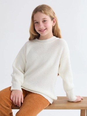 LC Waikiki Lcw Kids Ekru Bisiklet Yaka Kız Çocuk Triko Kazak