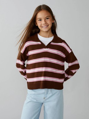 LC Waikiki Lcw Kids Kahverengi Polo Yaka Kız Çocuk Triko Kazak