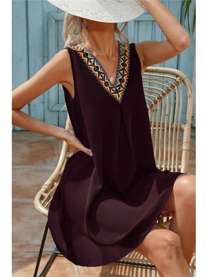 Faylora Kadın Sıfır Kol Şerit Detaylı V Yaka Viskon Elbise