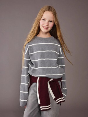 LC Waikiki Lcw Kids Gri Bisiklet Yaka Çizgili Kız Çocuk Triko Kazak