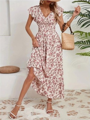 Faylora Kadın Kısa Kollu Kruvaze Yaka Beli Lastikli Çiçek Desenli Elbise