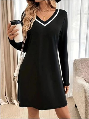 Faylora Kadın Uzun Kollu V Şerit Yakalı Kısa Viskon Iki Iplik Elbise