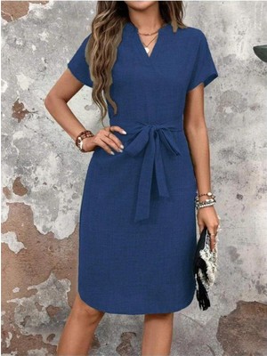 Faylora Kadın Kısa Kollu V Hakim Yaka Belden Kuşaklı Valencia Elbise
