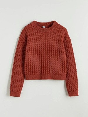 LC Waikiki Lcw Kids Kahverengi Bisiklet Yaka Saç Örgüsü Desenli Kız Çocuk Triko Kazak