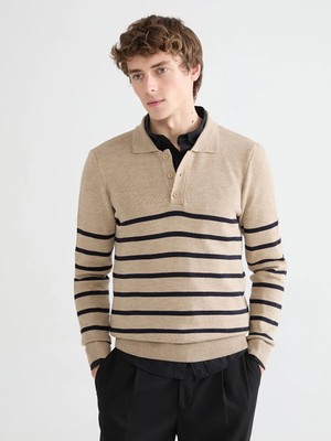 LC Waikiki Southblue Kahverengi Polo Yaka Çizgili Erkek Kazak