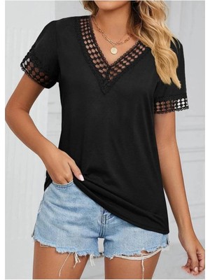 Faylora Kadın Kısa Kollu V Yaka Dantel Yakalı Viskon Bluz