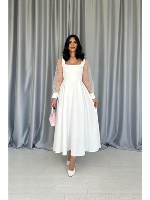 Faylora Eyesof Beyaz Kolları Organze Kuplu Elbise