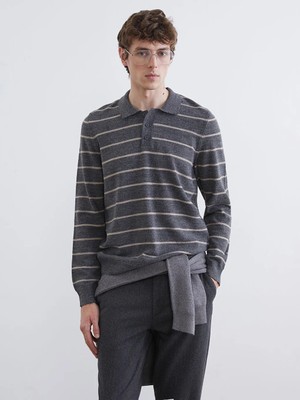 LC Waikiki Southblue Gri Polo Yaka Çizgili Erkek Triko Kazak