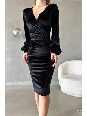 Faylora Kadın Kadife Kumaş Kruvaze Yaka Balon Kol ve Yırtmaç Detaylı Midi Boy Elbise