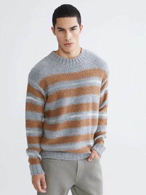 LC Waikiki Xsıde Gri Bisiklet Yaka Çizgili Erkek Triko Kazak