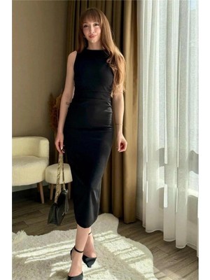 Faylora Kadın Sıfır Kol Sıfır Yaka Drape Detaylı Midi Janjan Krep Elbise